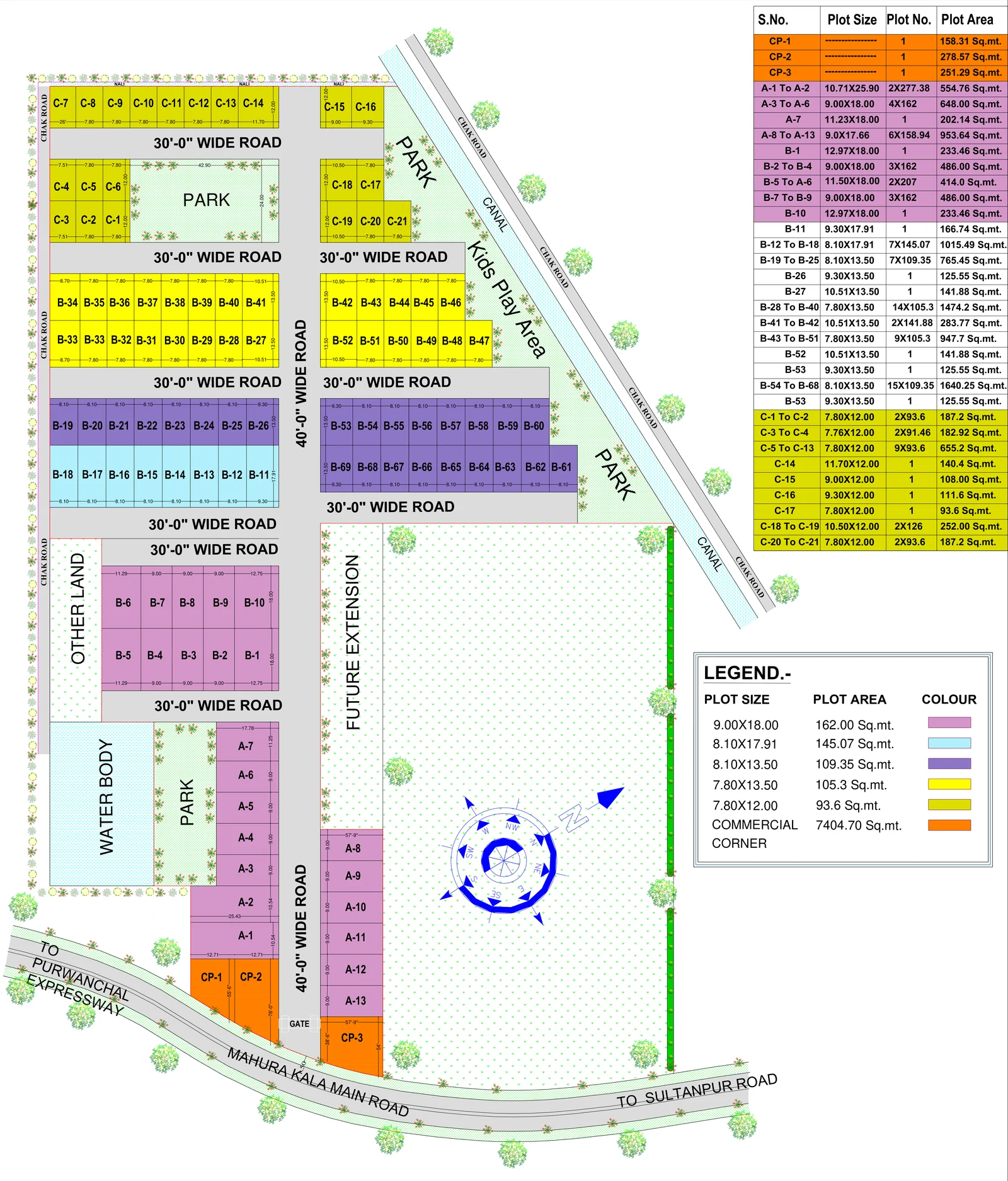 Sanctioned layout drawing of Mangalam Residency showing numbered plots, 40 ft and 30 ft roads, parks, canal and commercial corner